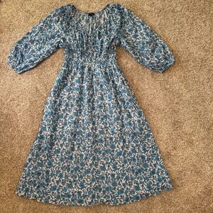 J.Crew Blue Floral Cotton Smocked Waist Midi Dress V-Neck Puff Sleeve Womens S